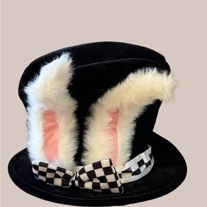 Mad hatter Black Hat with Bunny Ears and Checkered Bow